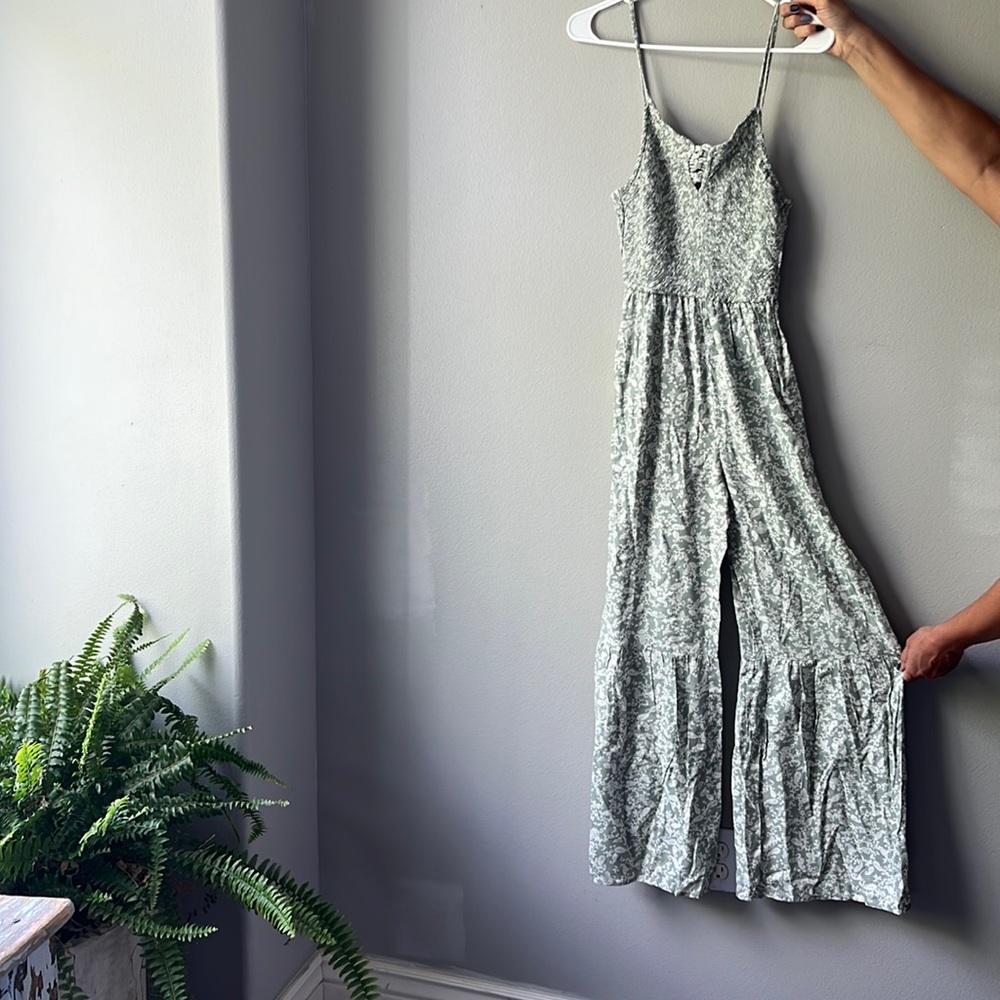 Green floral wide leg summer jumpsuit.